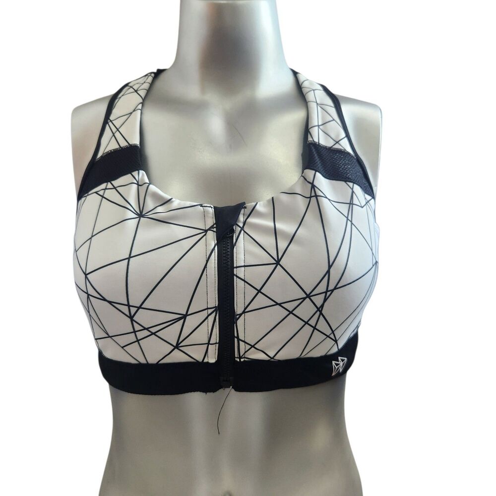 Yvette Sports Bra High Impact Zip Front Racerback Mesh Black White XL Athleisure